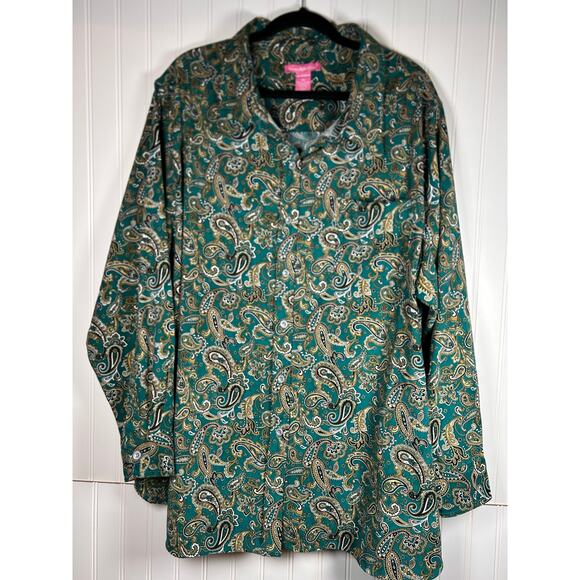 Woman Within Woman Blouse Plus Size 3X Olive Aqua Paisley  Button-Up Sueded - Picture 1 of 9